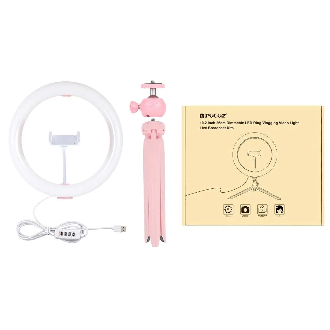 10.2" LED Ring Light with Tripod & Phone Clamp | 3 Modes Dual Colour Temperature Dimmable | Pink