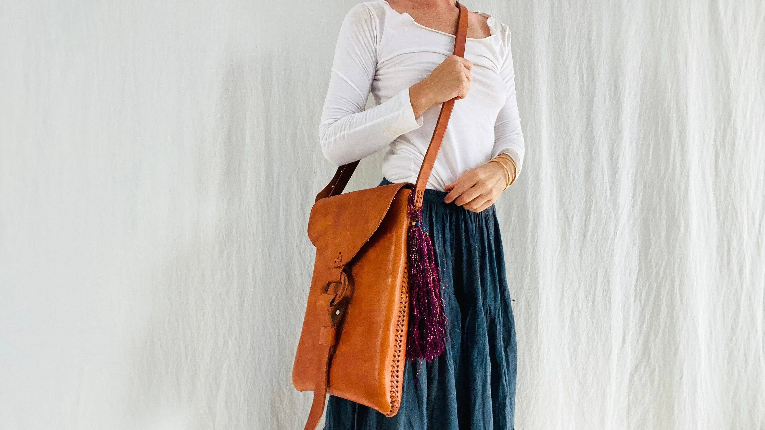 Leather Bag. Adjustable Strap. Zinacantan Tassels.