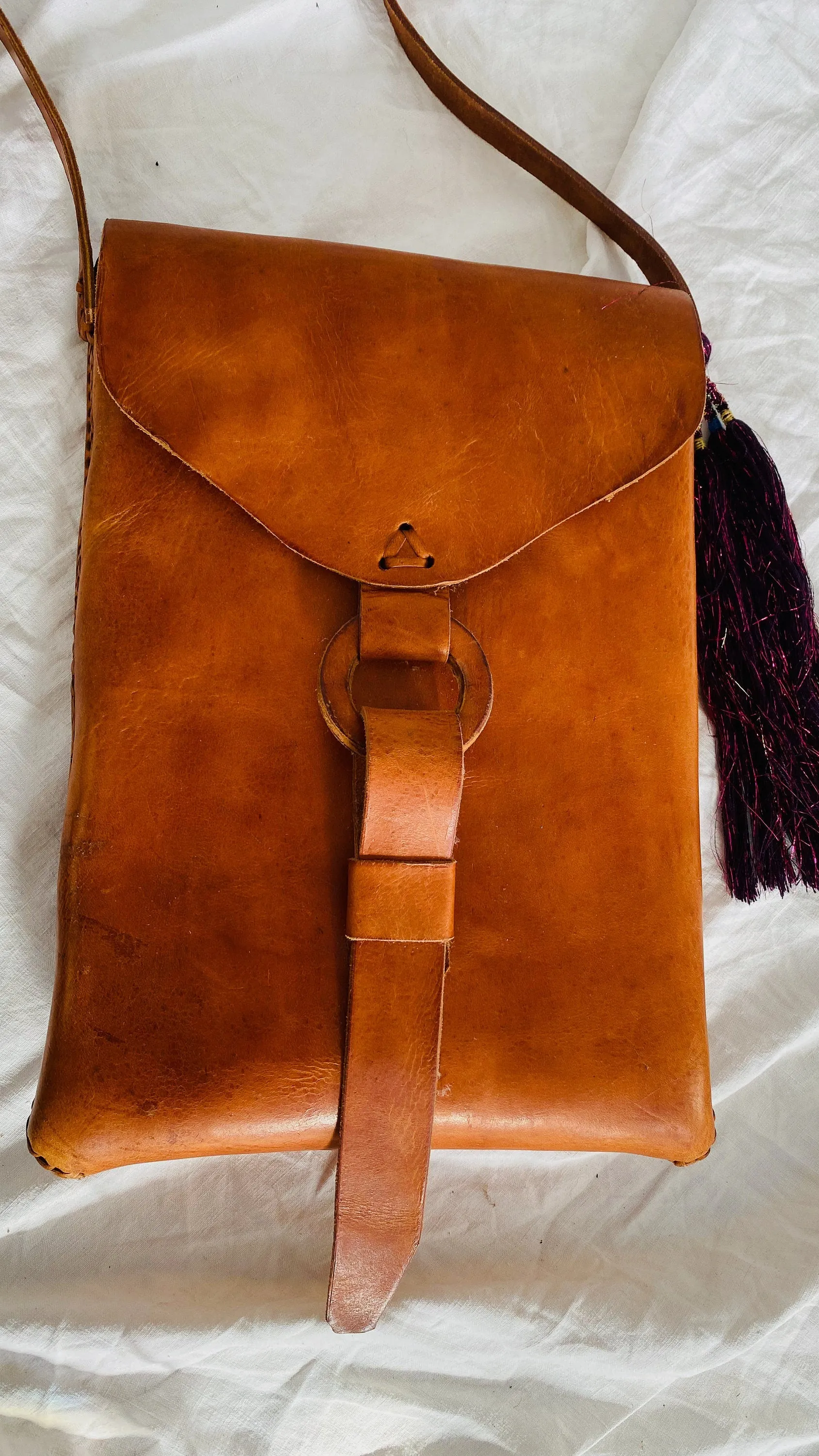 Leather Bag. Adjustable Strap. Zinacantan Tassels.