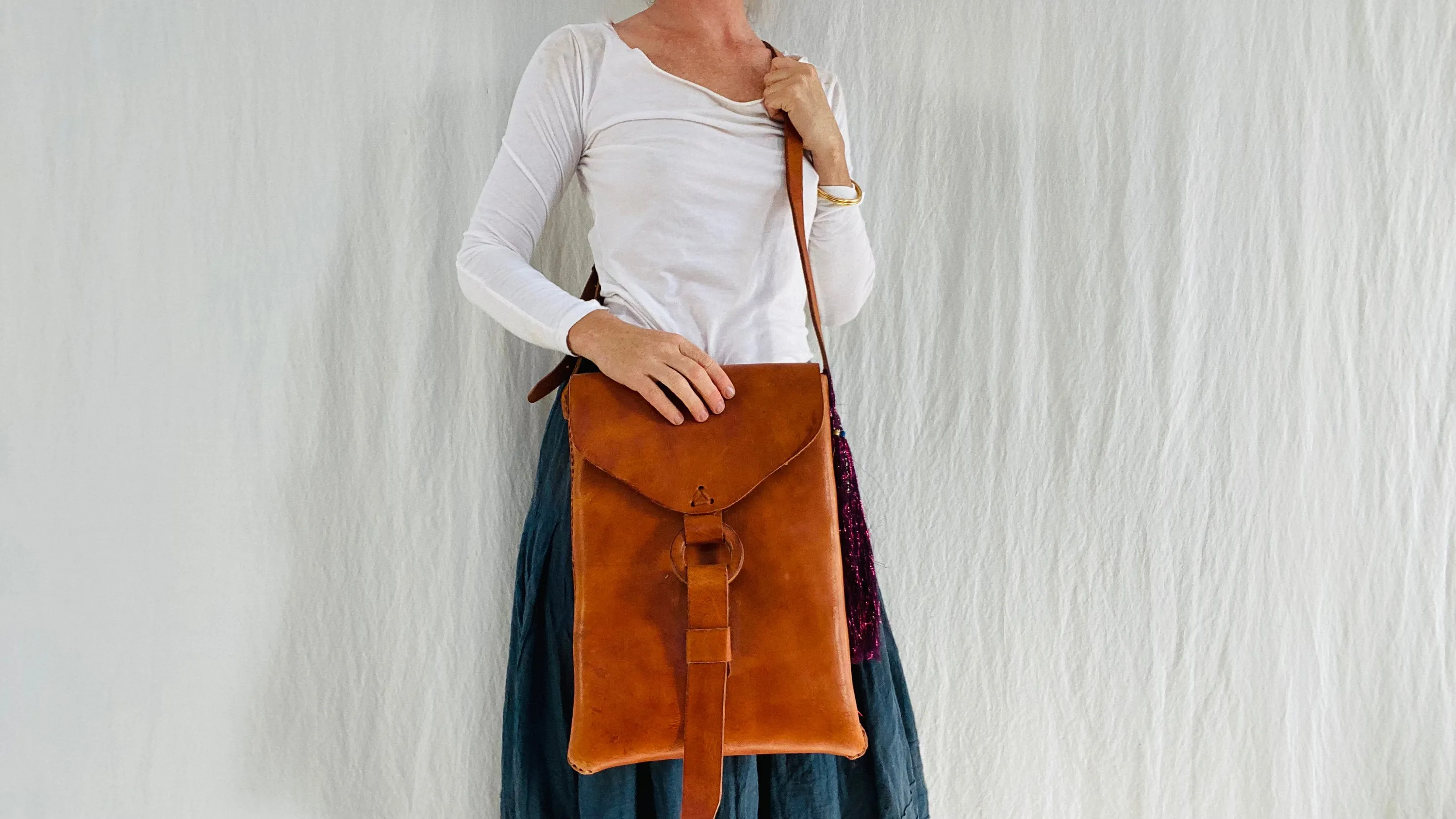 Leather Bag. Adjustable Strap. Zinacantan Tassels.