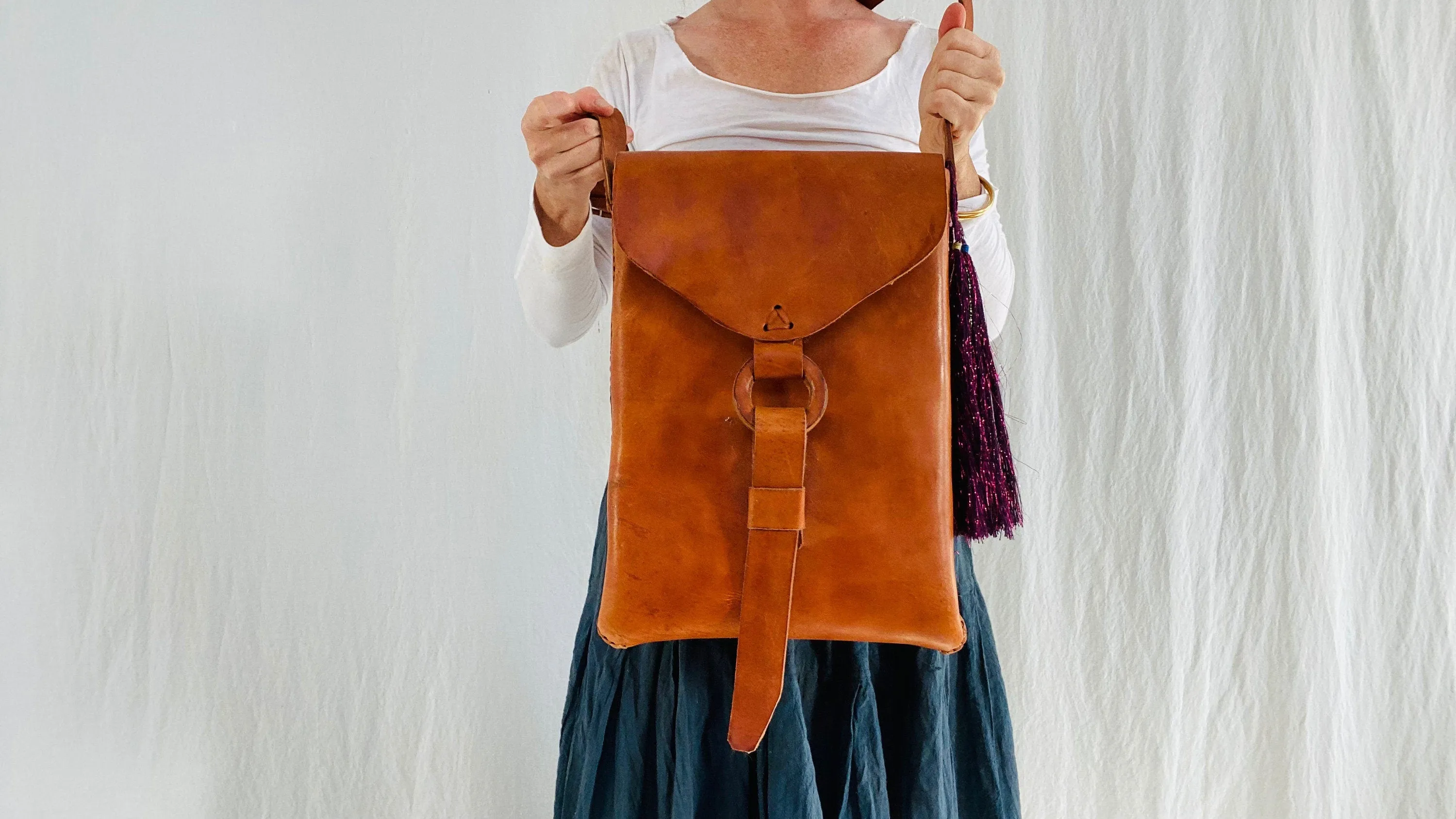 Leather Bag. Adjustable Strap. Zinacantan Tassels.