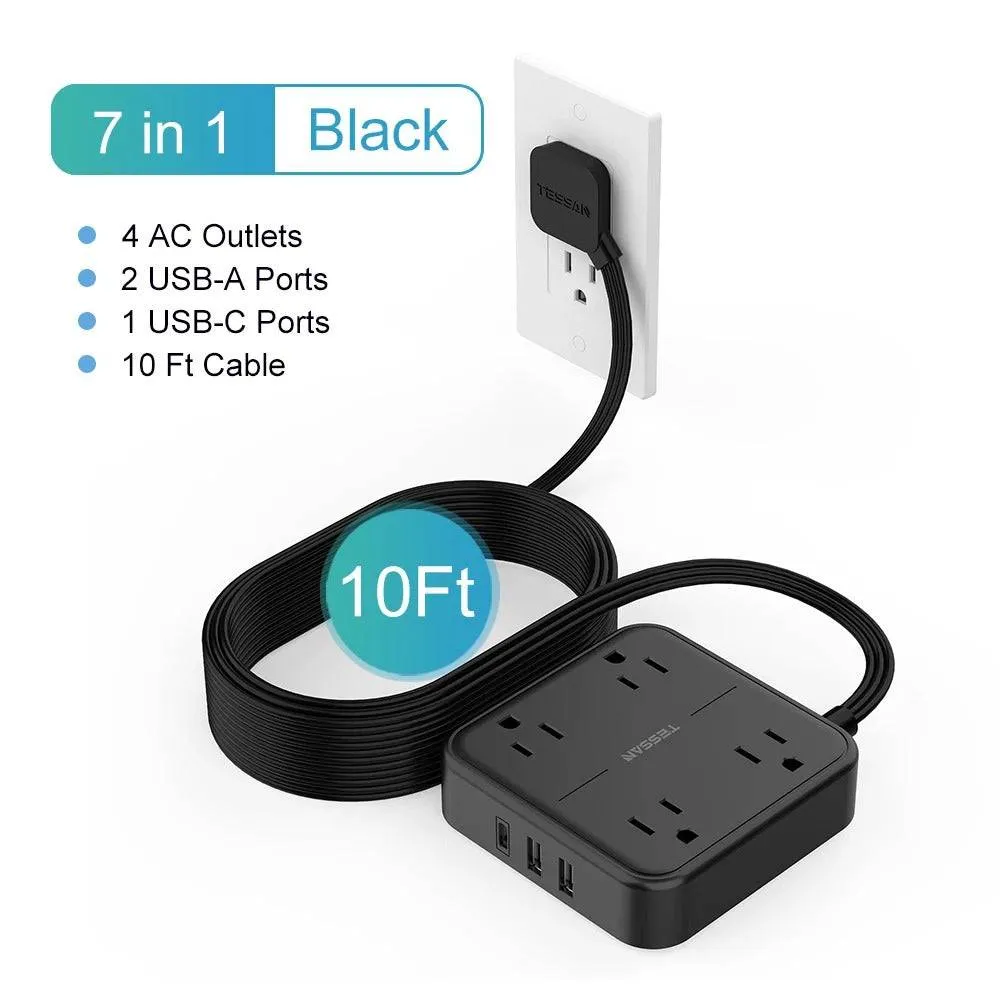 Ultra Thin Flat Extension Cord & Flat Plug Power Strip with USB Ports