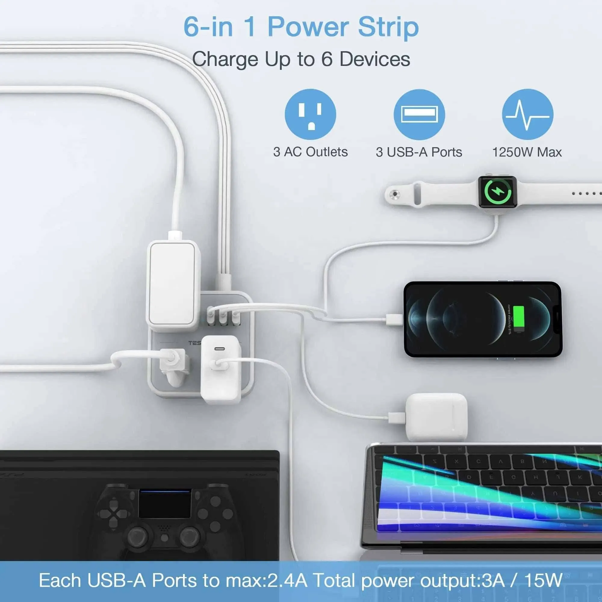Ultra Thin Flat Extension Cord & Flat Plug Power Strip with USB Ports