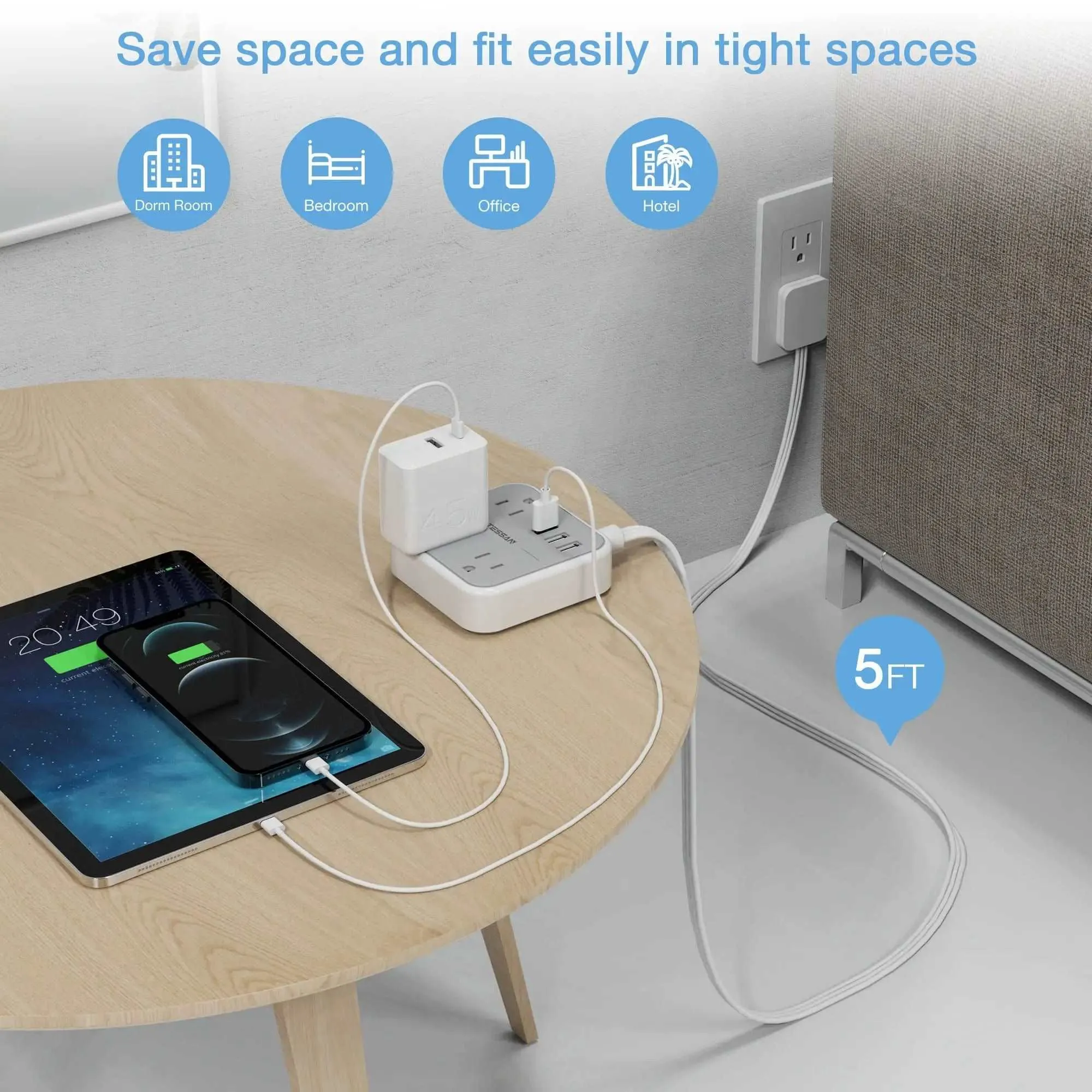 Ultra Thin Flat Extension Cord & Flat Plug Power Strip with USB Ports
