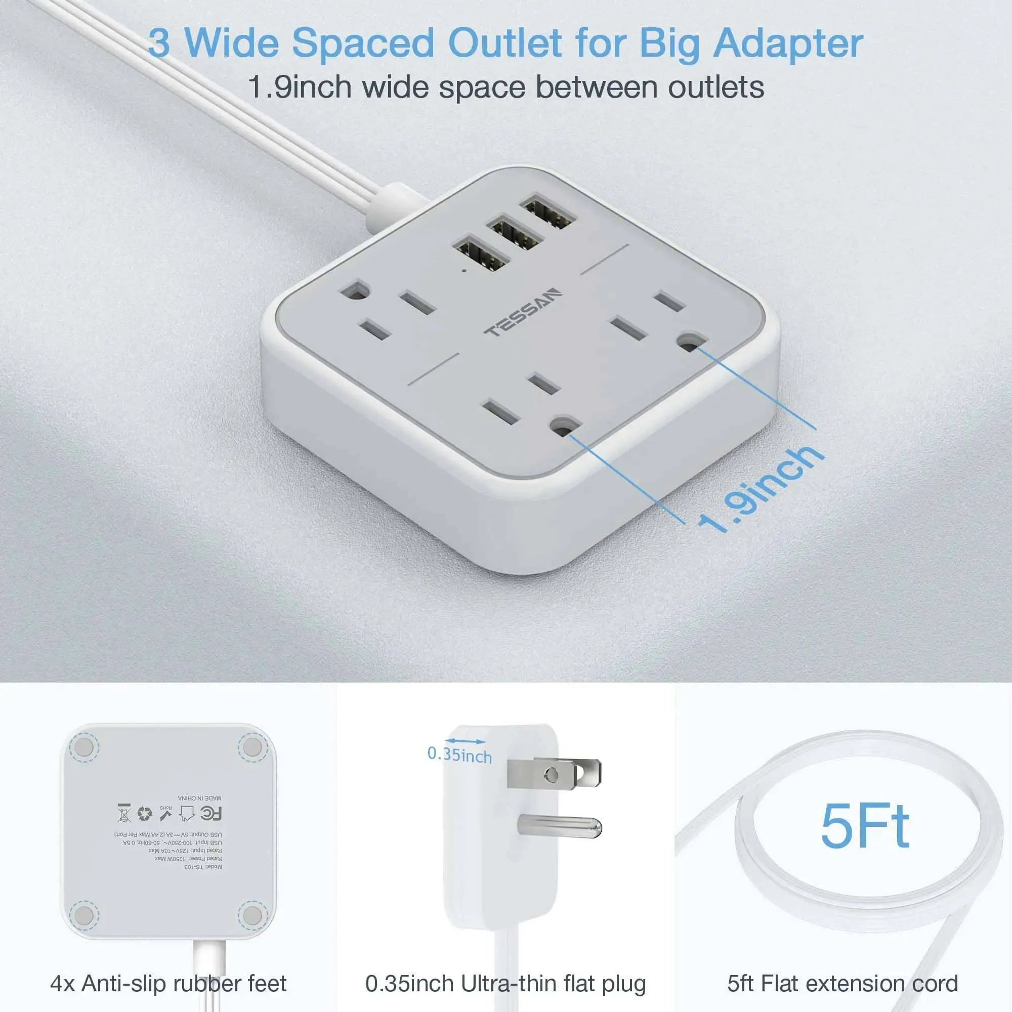 Ultra Thin Flat Extension Cord & Flat Plug Power Strip with USB Ports
