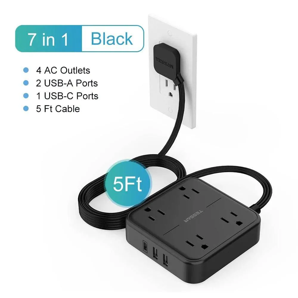Ultra Thin Flat Extension Cord & Flat Plug Power Strip with USB Ports