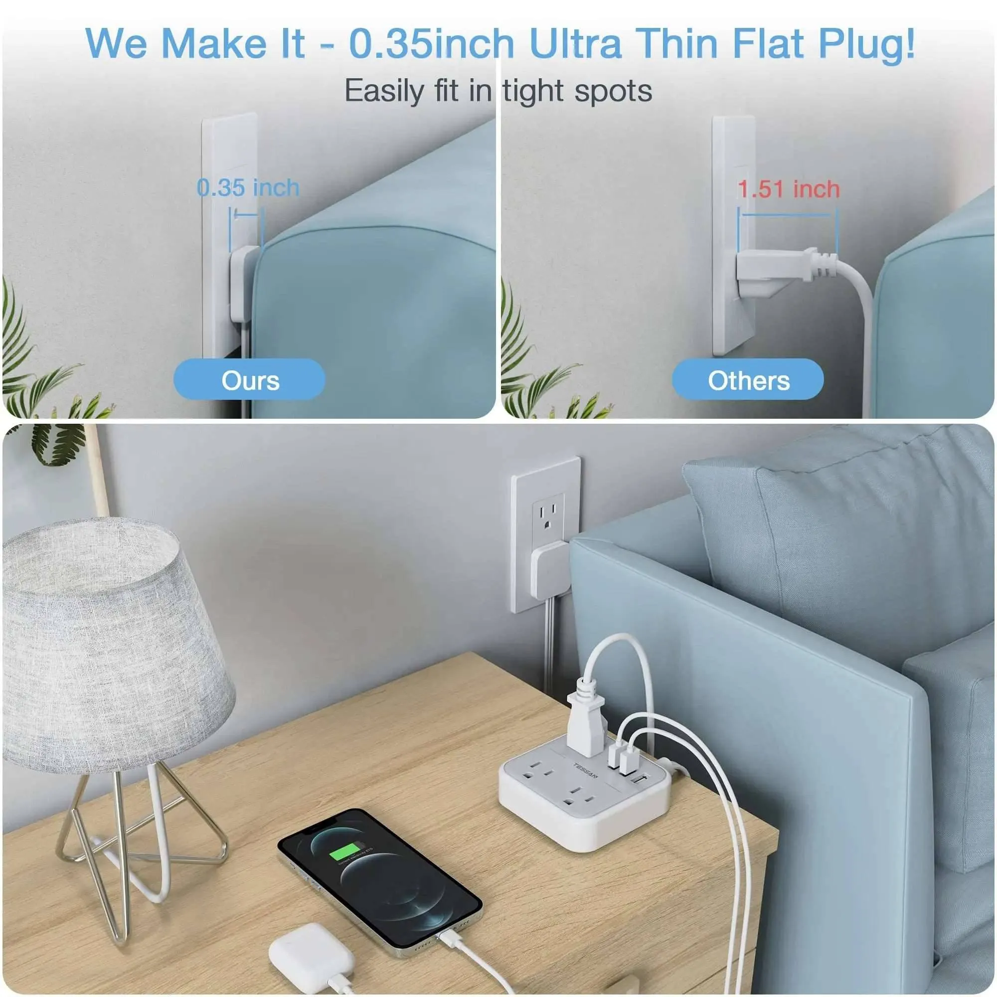 Ultra Thin Flat Extension Cord & Flat Plug Power Strip with USB Ports