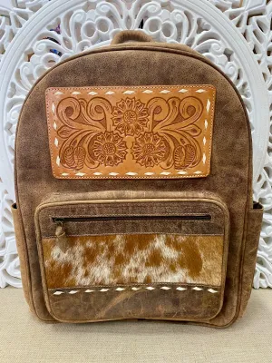 Venezuela Antique Leather Backpack with Tooling Details  Tan
