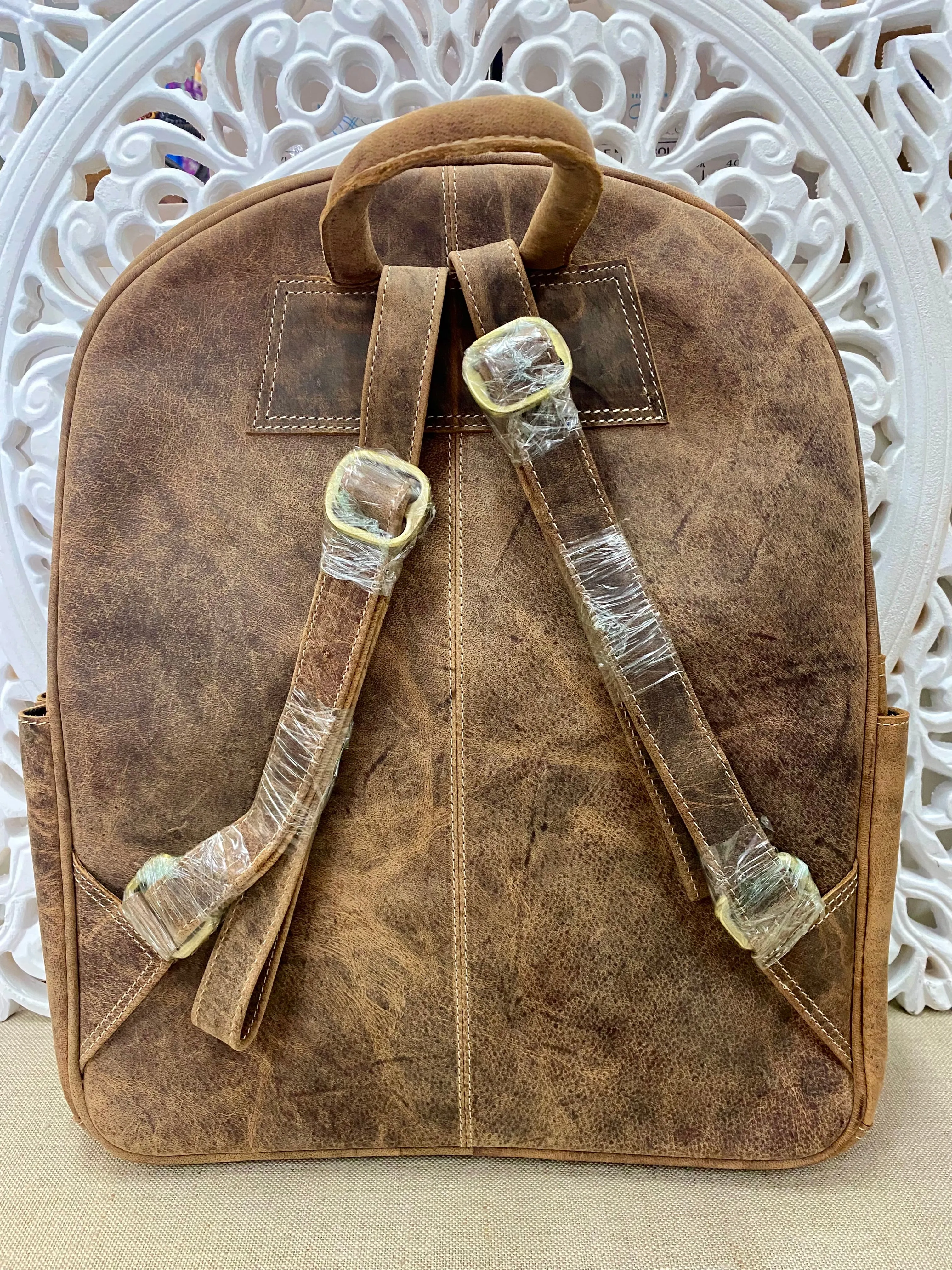 Venezuela Antique Leather Backpack with Tooling Details  Tan